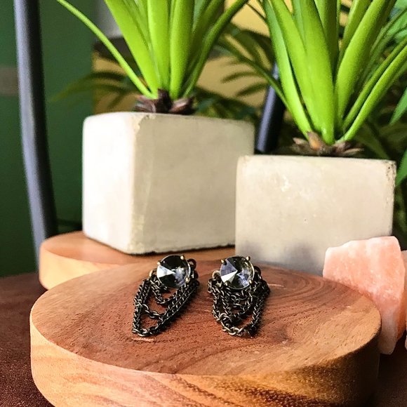 -Unique Dimmed Black Crystal Chained Stud Earrings - Picture 2 of 3